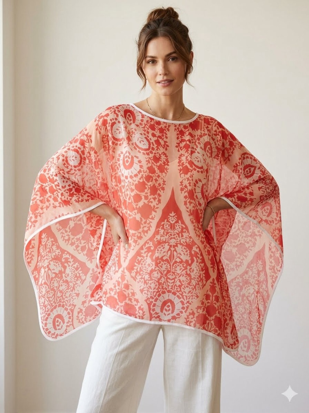 Coral and White Sheer Boho Poncho Top